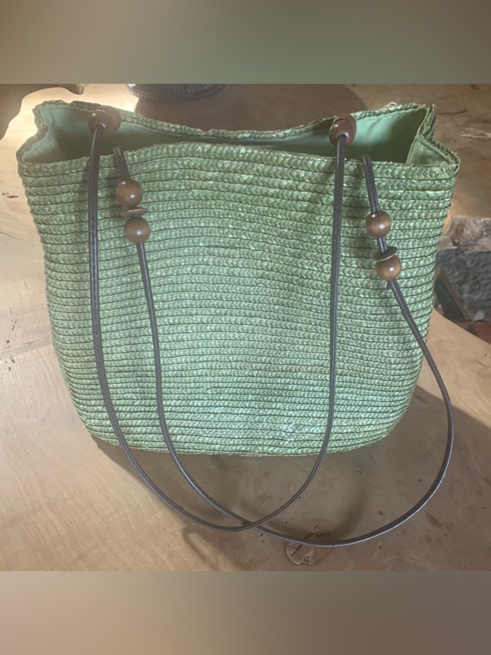 Woven Straw Shoulder Purse with Brown Leather Straps and magnetic close
